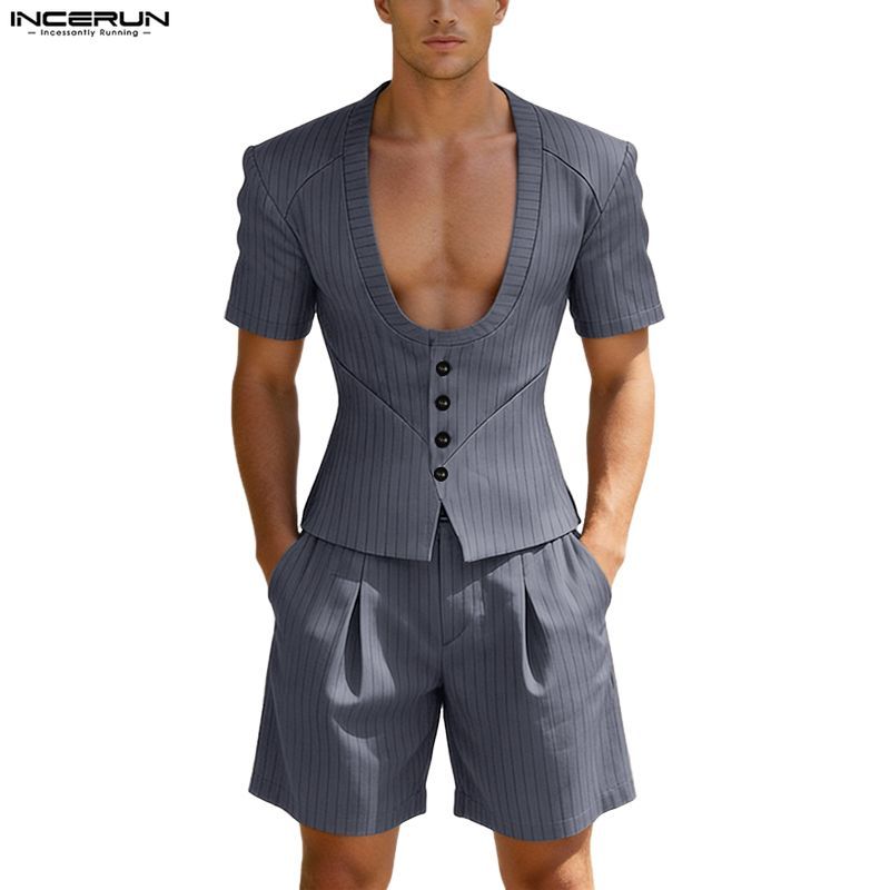 INCERUN Mens Clean Color U-neck Three Part Two Piece Set