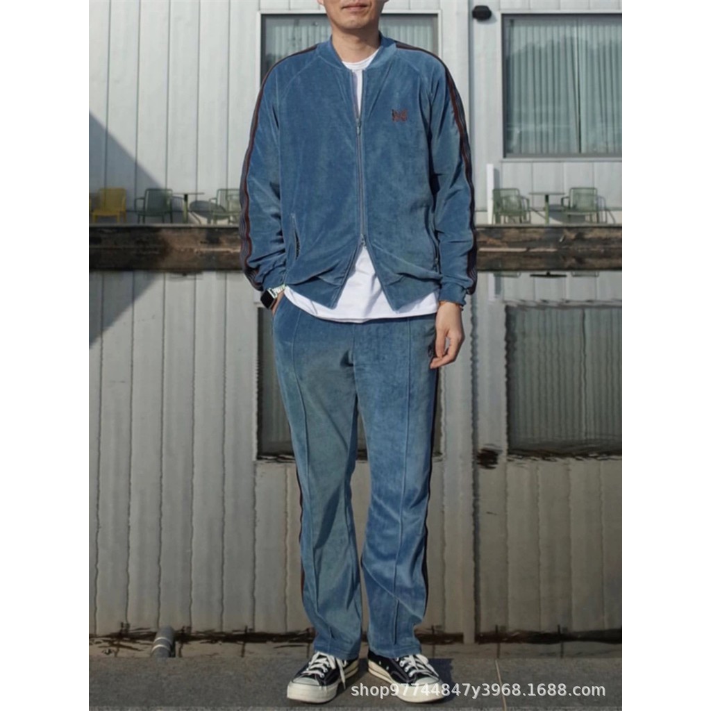 WAWV Needles track Embroidered velvet straight-leg men's pants, loose casual pants, wide-leg pants, 