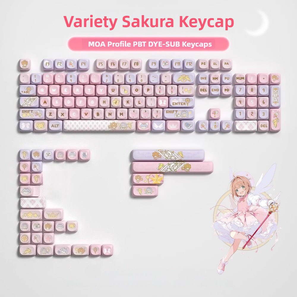 การ์ตูน Sakura Keycaps ไทยภาษาอังกฤษ MOA โปรไฟล์ Rainbow สีชมพู DYE-SUB PBT วัสดุ 130 คีย์สําหรับแป้