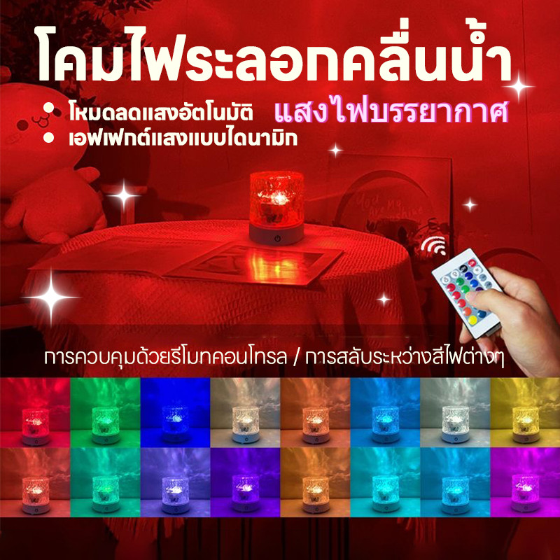 ไฟแต่งห้อง โคมไฟตั้งโต๊ะ โคมไฟหัวเตียง โแสงระลอกน้ำ สามารถปรับสีได้ 16 สี+รีโมทคอนโทรลอ