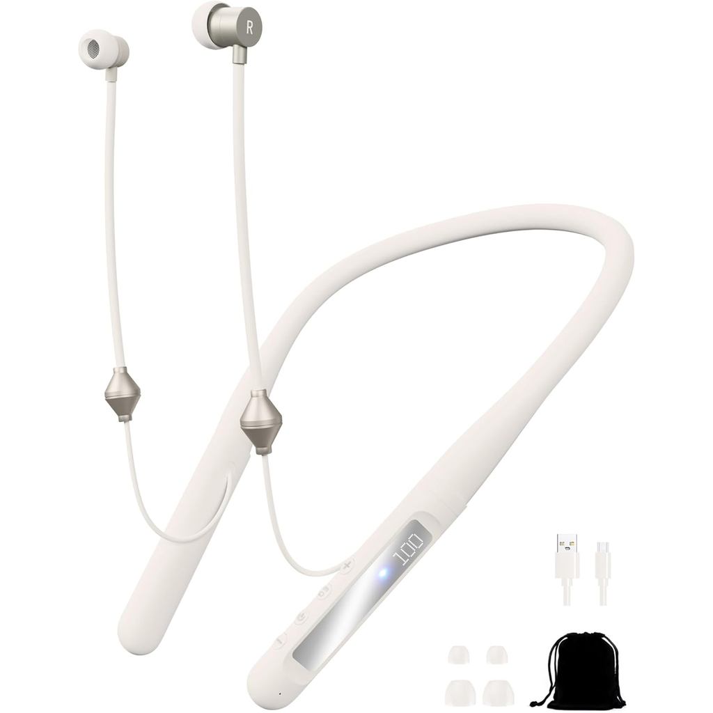 Air Tube หูฟังบลูทูธพร้อมจอแสดงผลแบตเตอรี่ LED, EMF ฟรีหูฟังไร้สายแบบคล้องคอพร้อมเวลาเล่น 25H, หูฟัง