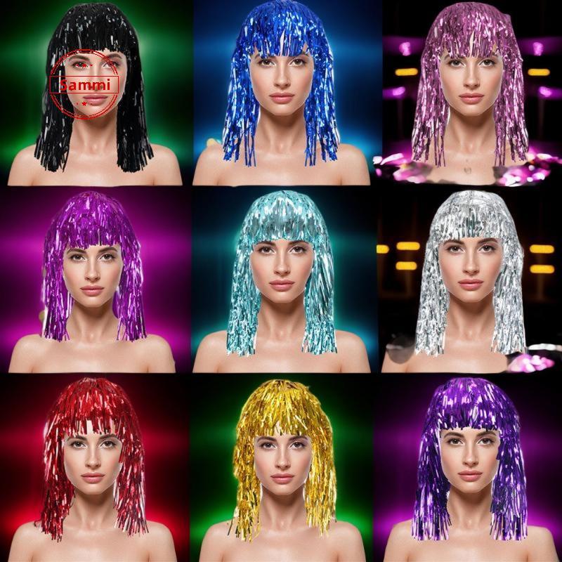 Sammi Shiny Tinsel วิกผม Metallic Masquerade Disco หมวกfoil สำหรับชุดแฟนซีปาร์ตี้และคอสเพลย์