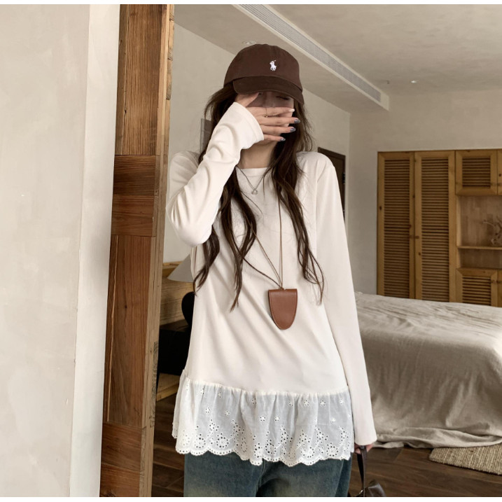 【WJZ】เสื้อยืดแขนยาวเย็บลูกไม้ สไตล์เกาหลีสำหรับสตรี【7868】