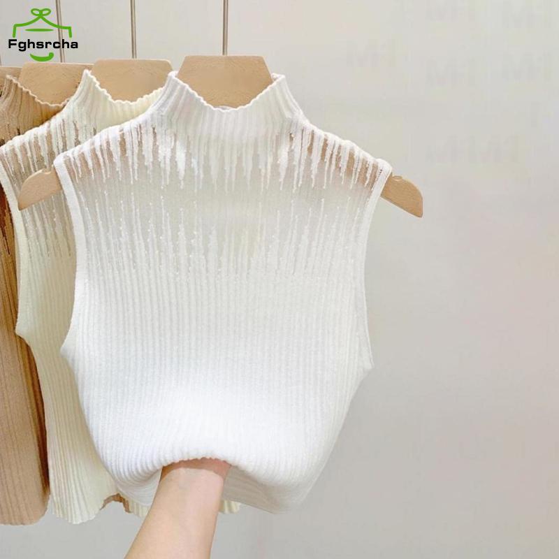 [FHC] ฤดูร้อนเกาหลีครึ่งคอเต่ากลวงถักเสื้อกั๊กผู้หญิงสีทึบแขนกุดเสื้อกล้ามบาง [fhc]