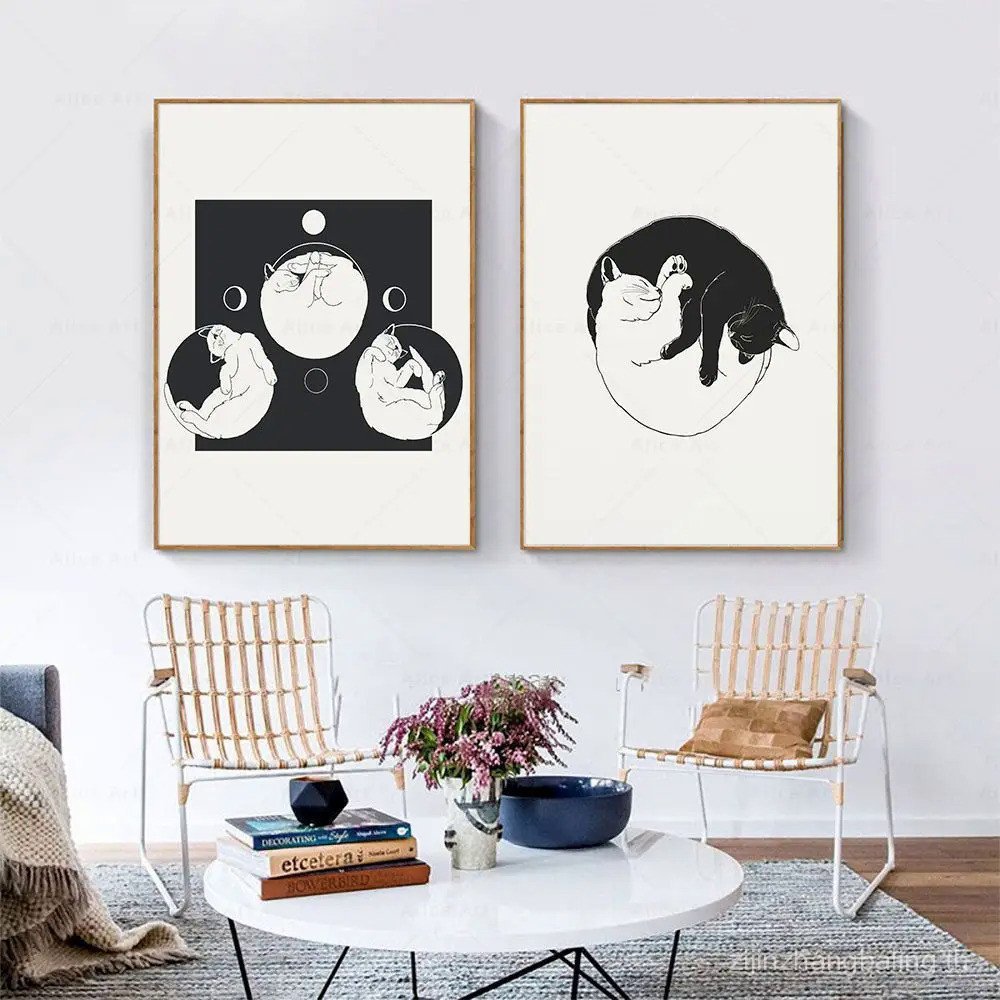 70 S แรงบันดาลใจ Vintage Cat โปสเตอร์ Moon Phases Yin และ Yang แมวโหราศาสตร์ Sun Moon Star Cat Tarot