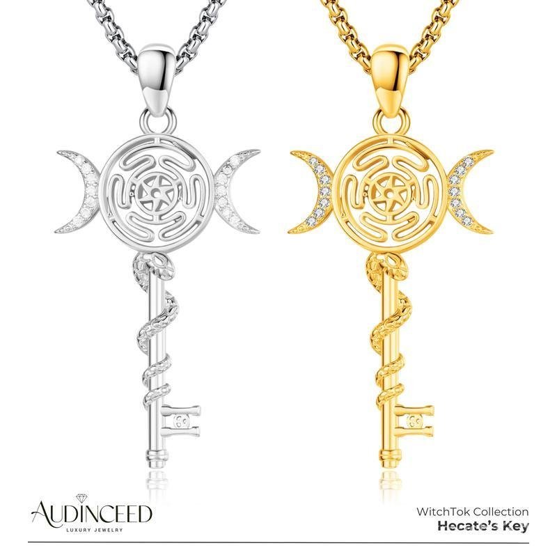 Audiceed Hecates Key S925 Sterling Silver Moonstone Necklace, Witchtok Collection, Hekate Triple Moo