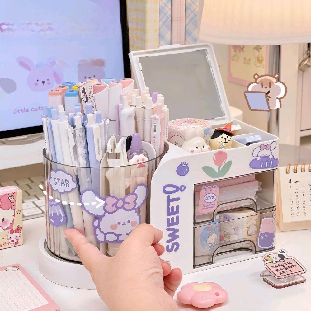 แถมสติ๊กเกอร์ แบบหมุนได้ กล่องเก็บเครื่องเขียน เครื่องสำอาง 3in1 มีลิ้นชักและกระจกในตัวมินิมอล จัดระเบียบโต๊ะทำงาน - รูปที่ 5