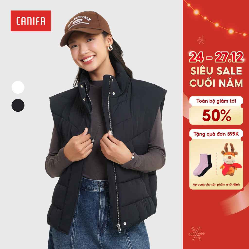 CANIFA เสื้อแจ็คเก็ตผ้าควิลท์ผู้หญิง แขนกุด คอปกสูง แสงซุปเปอร์ ซุปเปอร์วอร์ม 6OT25W001