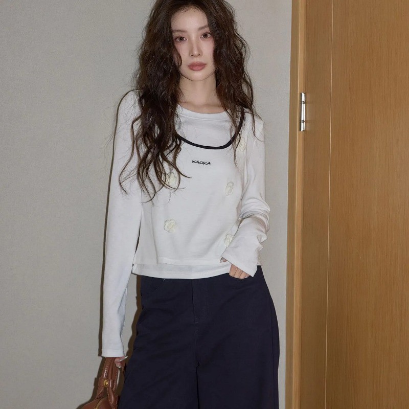 micki~ผู้หญิง ขาว คอกลม แขนยาว เสื้อยืด สายเดี่ยว เสื้อ