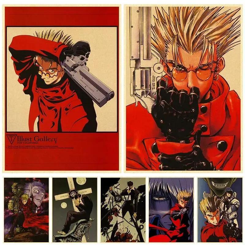 Vintage Anime Trigun โปสเตอร์คุณภาพสูง K HD  Wall Art สําหรับตกแต่งบ้านห้องความงามและบาร์ของขวัญพิมพ
