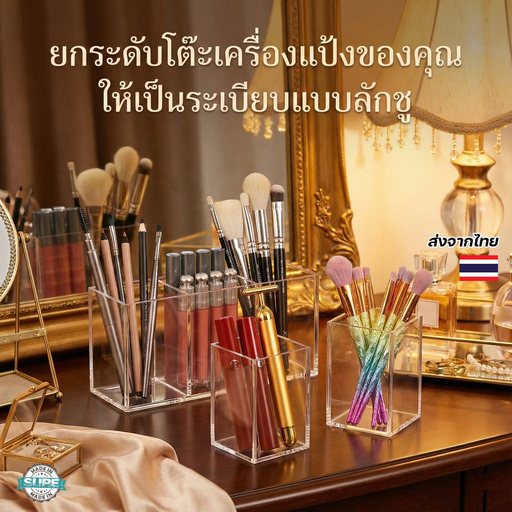 กล่องใส่แปรงแต่งหน้าและปากกา อะคริลิคใส ดีไซน์เรียบ ใช้จัดระเบียบโต๊ะทำงาน โต๊ะเครื่องแป้ง