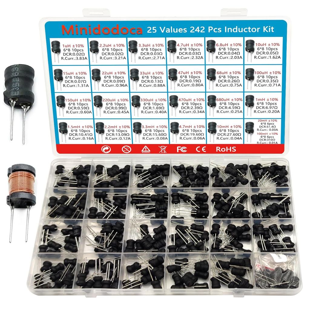 25 ค่า 242 ชิ้นตัวเหนี่ยวนําชุด 1uH ถึง 100 mH DIP Radial Power Choke Inductors Assortment ชุดทองแดง