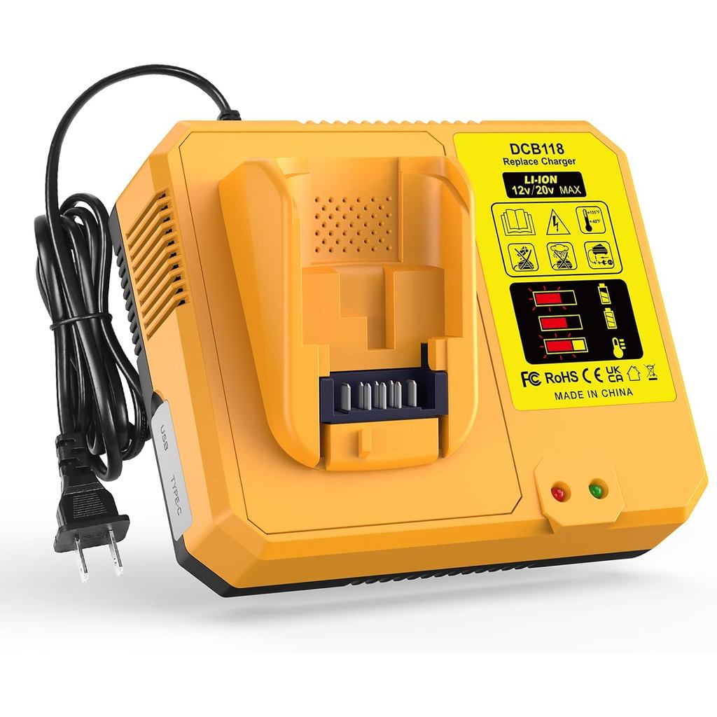 การเปลี่ยน DCB118 สําหรับเครื่องชาร์จแบตเตอรี่ Dewalt, Fast Charger พร้อม USB เข้ากันได้กับแบตเตอรี่
