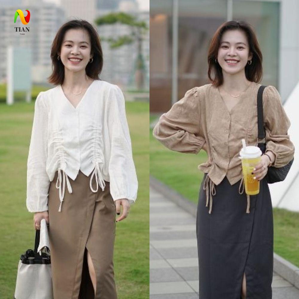 INQUIRY IMPACT Drawstring Flavour เสื้อ, V คอไม่สม่ําเสมอเสื้อแขนยาว, แฟชั่น Lace-up กระดุมแถวเดียวห