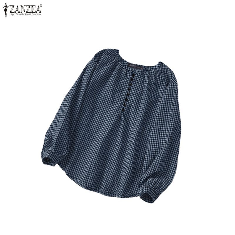 ZANZEA ผู้หญิงเกาหลีวินเทจลําลองคอกลมแขนโคมไฟออกแบบปุ่มจีบเสื้อลายตารางหมากรุก