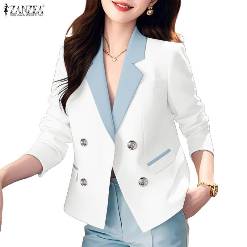 ZANZEA Blazers แขนยาว สองแถบทองที่มีสีตัดกัน เหมาะสำหรับการทำงานและการแต่งตัวสไตล์OL