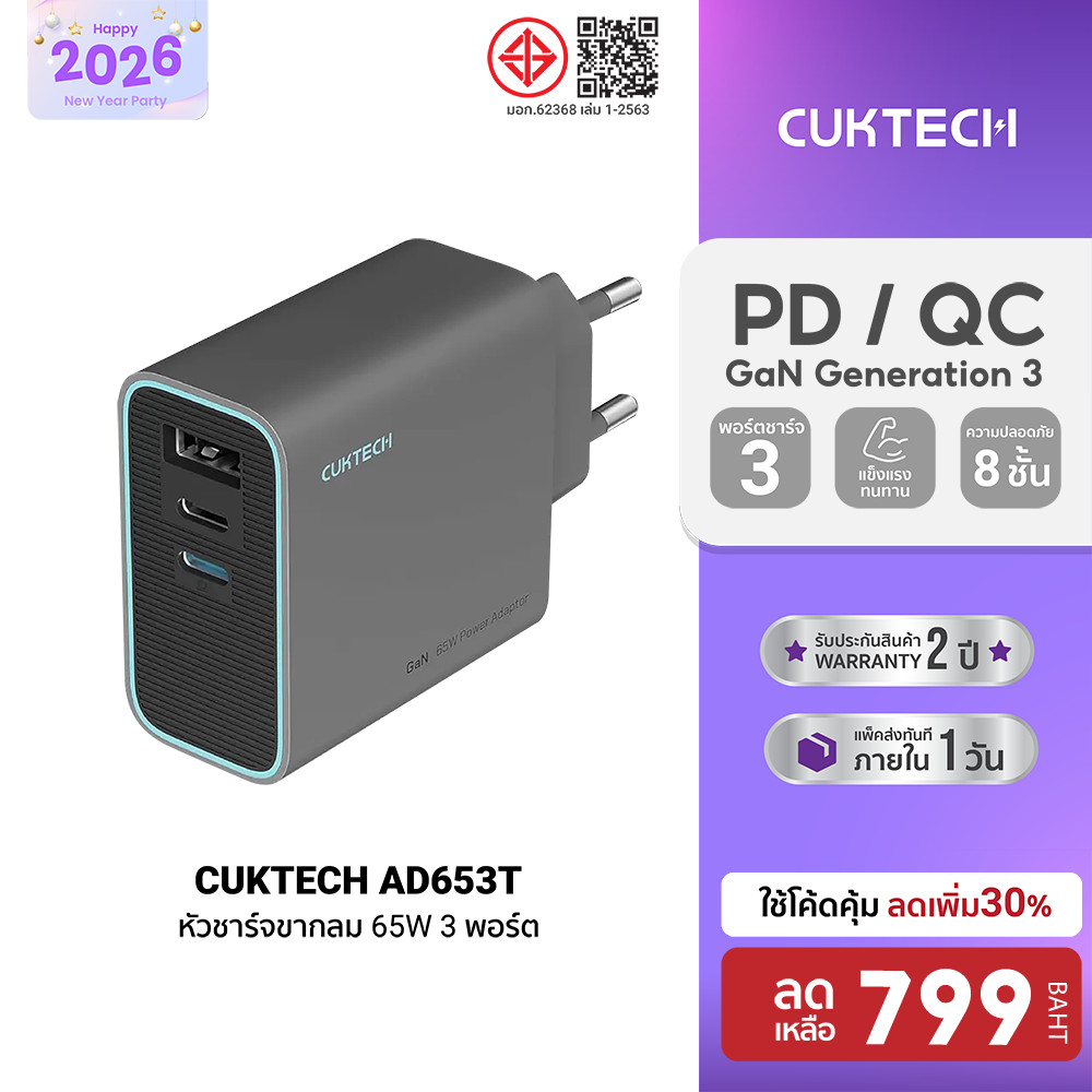 [ลดเหลือ 799] CUKTECH GaN3 AD653C / AD653T 65W หัวชาร์จเร็ว PD3.0 , QC ชาร์จสูงสุด 3 อุปกรณ์ ขนาดเล็