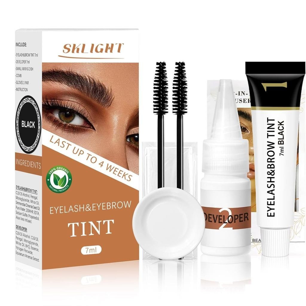 Lash Color Kit, Lasting for 4 Weeks Natural Black Eyelash & Eyebrow Color Kit, Voluminous Coloring f