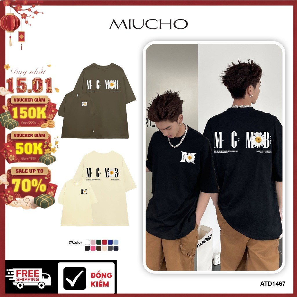 ATD1467 Miucho Man เสื้อยืดผู้ชายพิมพ์ลายดอกเบญจมาศหลวมในผ้าคอตตอนเย็นคอกลมพิมพ์ลายผสม