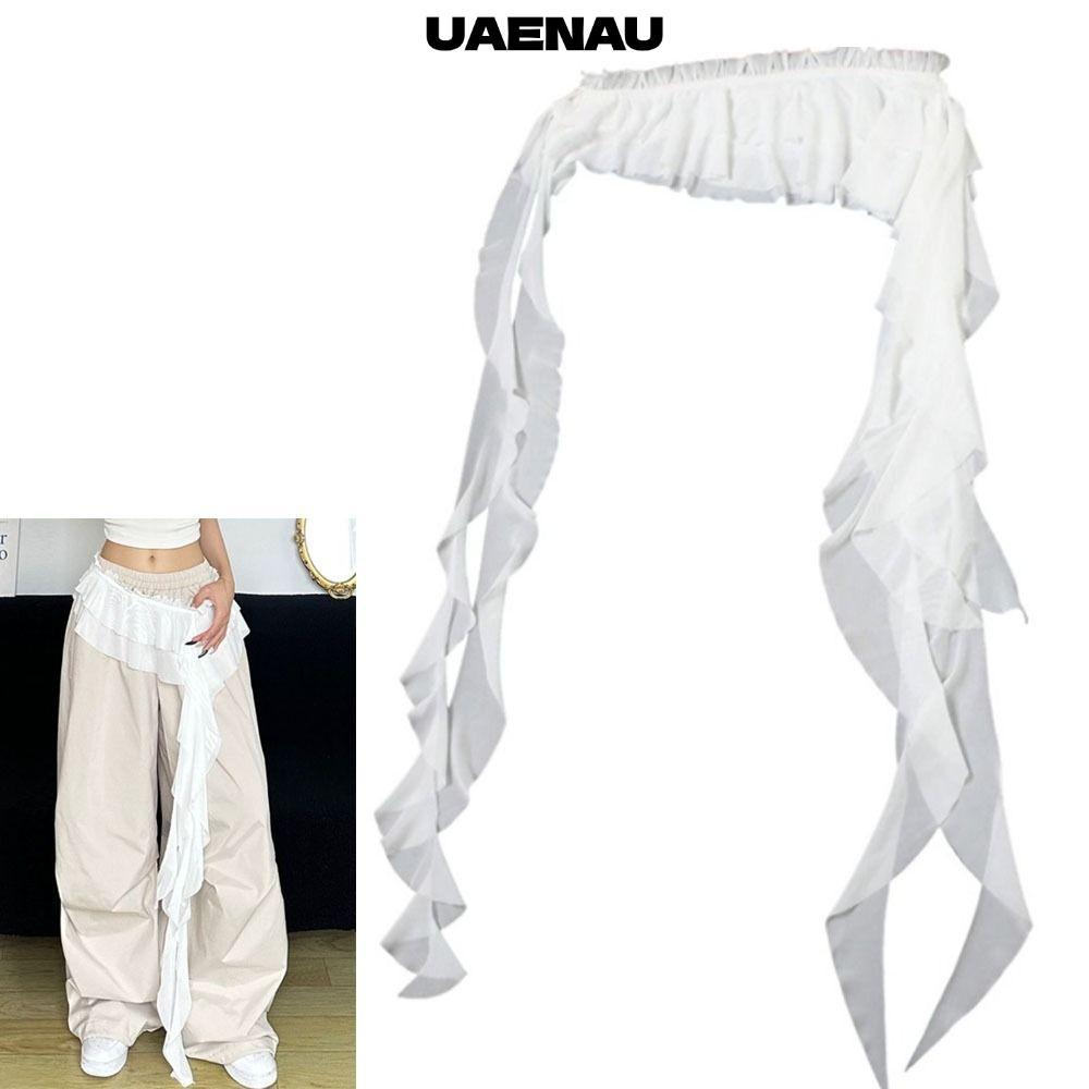 UAENAU Lace Up Ruffles กระโปรง, ลูกไม้มินิกระโปรง Y2K Streetwear, กางเกงยีนส์เอวสูงจีบ Harajuku
