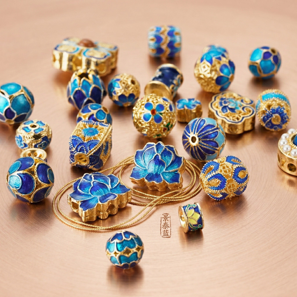 St.kunkka ลูกปัดทองแดงลงยา (Cloisonne) ลูกปัดเคลือบอินาเมล ลายดอกไม้สีน้ำเงินทอง สำหรับทำสร้อยข้อมือ เครื่องประดับ DIY สไตล์จีนวินเทจ