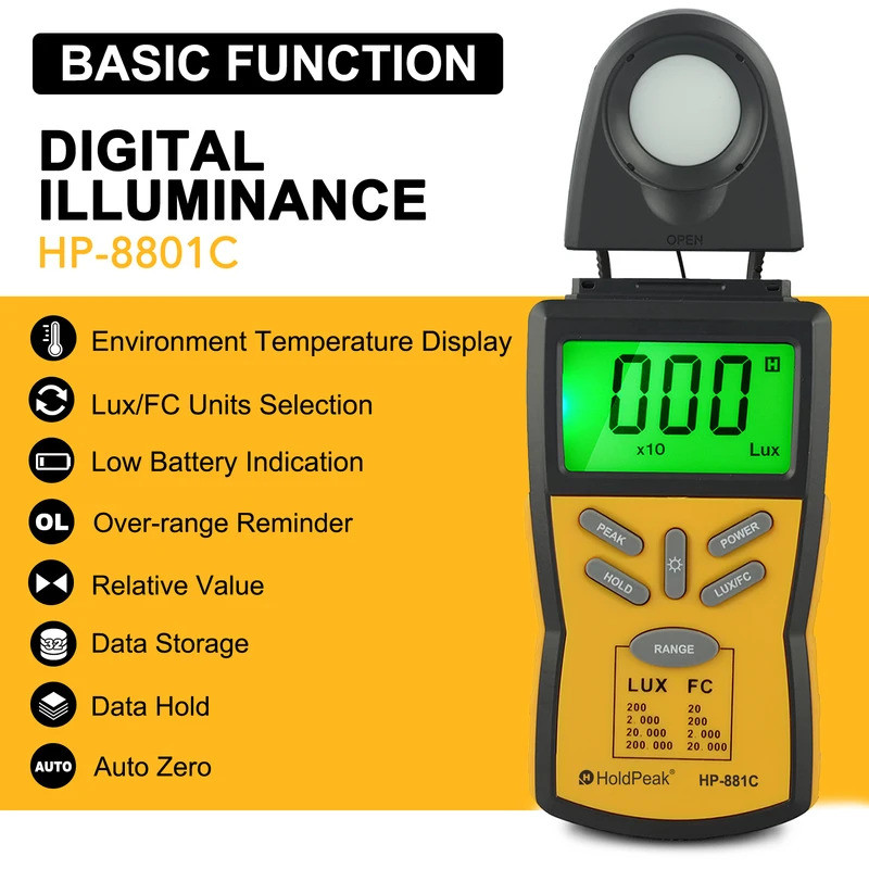 Lux Meter สําหรับการเจริญเติบโตของพืช ตารางการวัดความเข้มแสง HP-881C Handheld Lux Meter Tester Tool 