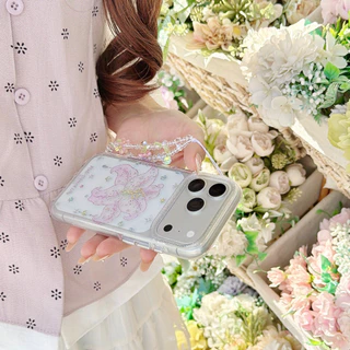 Glitter Clear Lily & Morning Glory กันชนนุ่ม Hard กลับดอกไม้น่ารักออกแบบกันกระแทกพร้อมโซ่สําหรับ IPhone17 16 15 14 13 Pro Max