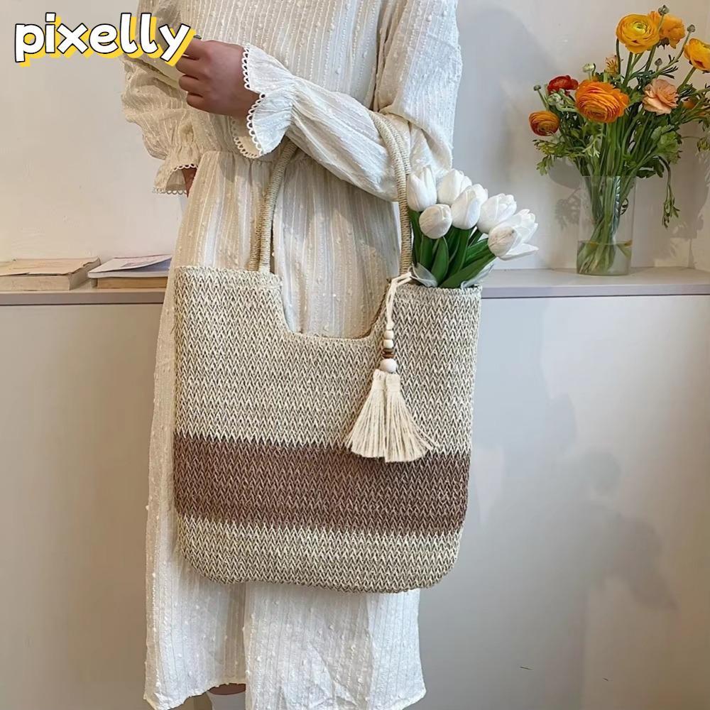 PIXELLY กระเป๋าสานฟาง Boho มีพู่ ขนาดใหญ่ เหมาะสำหรับใช้ที่ชายหาดและสไตล์แฟชั่น