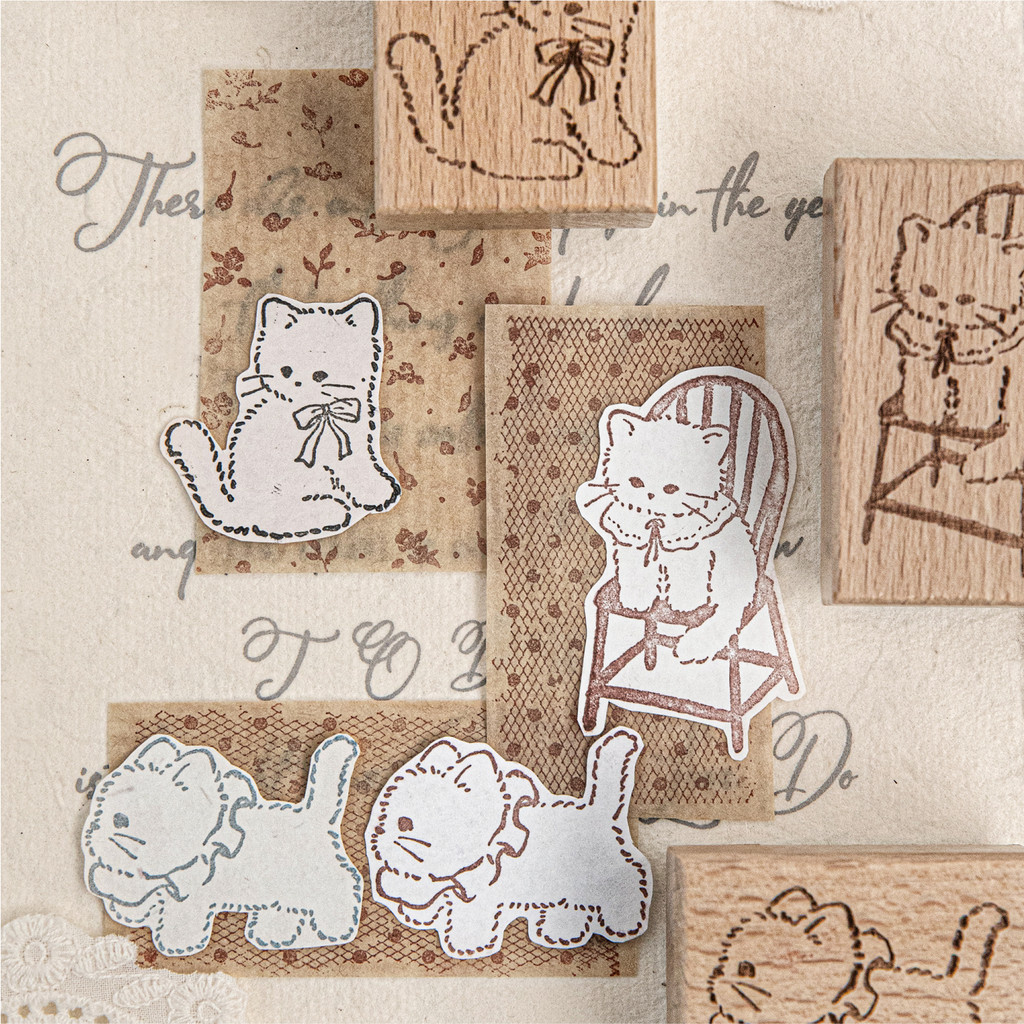 QOUZMO Cat & Soft Dreams ชุดแสตมป์ไม้, 4 รูปแบบแมวน่ารักแสตมป์ยาง, ไม้บีชพรีเมี่ยม, ล้างประทับใจสําหรับวารสารสมุดภาพ DIY Craft ตกแต่ง