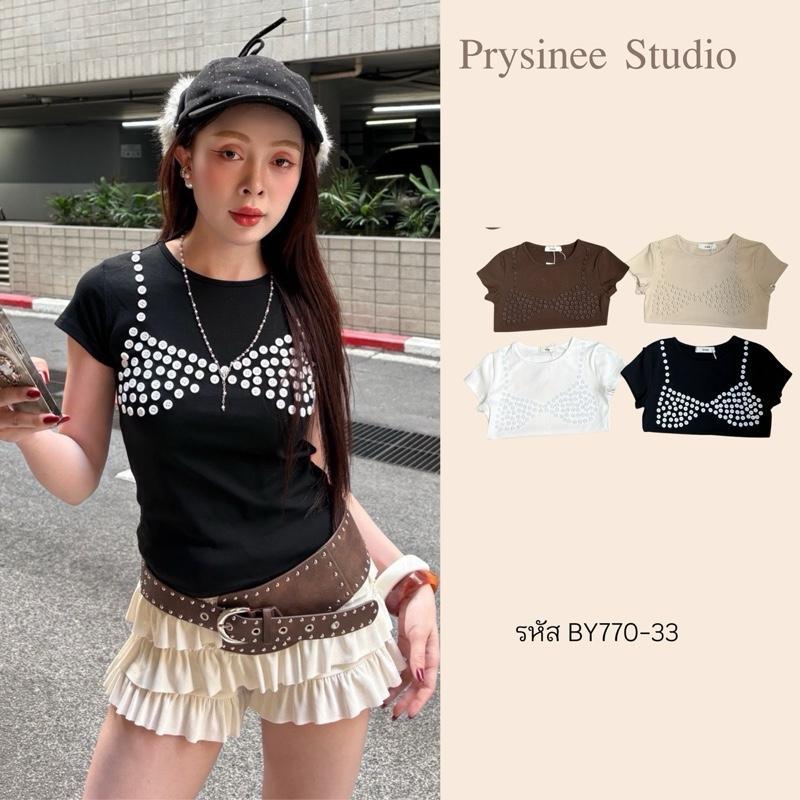 Prysinee studio (BY770-33) เสื้อยืดคอกลมแขนสั้นแต่งกระดุมเป็นรูปบรามีสาย งานป้าย siwashop