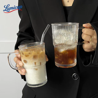 แก้วแก้วใสมีหูจับ 420ml แก้วกาแฟลายริ้ว วางซ้อนกันได้ สไตล์มินิมอล แก้วชา/นม/น้ำผลไม้ ถ่ายรูปสวย