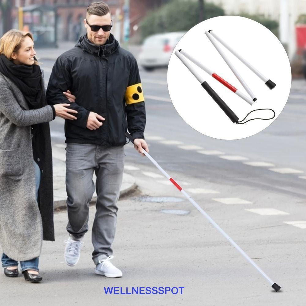Wellnessspot ไม้เท้าแบบตาบอด, อลูมิเนียมอัลลอยด์สะท้อนแสงพับอ้อย, Mobility Aids Anti-slip Grip 4 ส่วนแบบพกพาเดินป่า Trekking Pole กลางแจ้ง