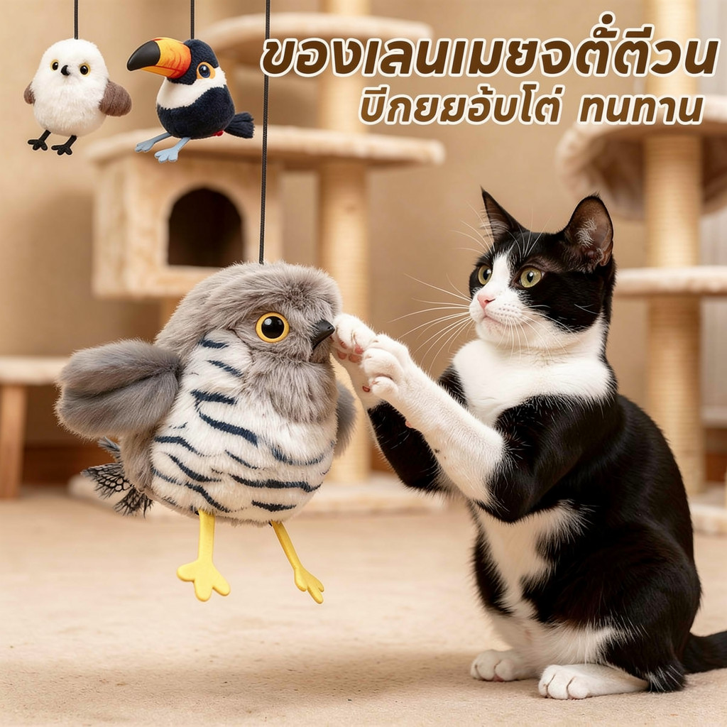 ของเล่นแมว โต้ตอบ นกมีเสียง ปีกขยับ บินอัตโนมัติ ชาร์จไฟได้ ล่อแมว ออกกำลังกาย แมวเล่น