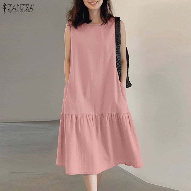 Zanzea ผู้หญิงเกาหลี Minimalist หลวมกระเป๋าด้านข้าง Ruffled สีทึบรอบคอแขนกุด — صورة 6