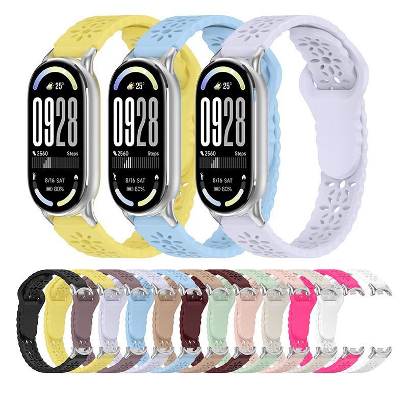 สายซิลิโคนดอกทานตะวันสําหรับ Xiaomi Mi Band 10 อุปกรณ์เสริมกีฬาสร้อยข้อมือระบายอากาศสายรัดข้อมือเข็มขัดสําหรับ Xiaomi Mi Band 9 8 NFC