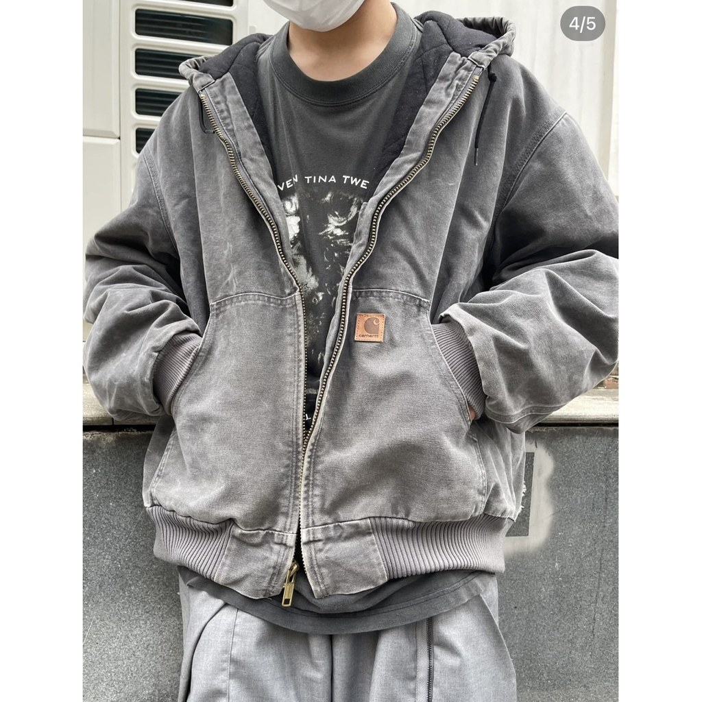 H0IG Car* j130Washed distressed hooded zip-up jacket, loose-fitting cotton coat
