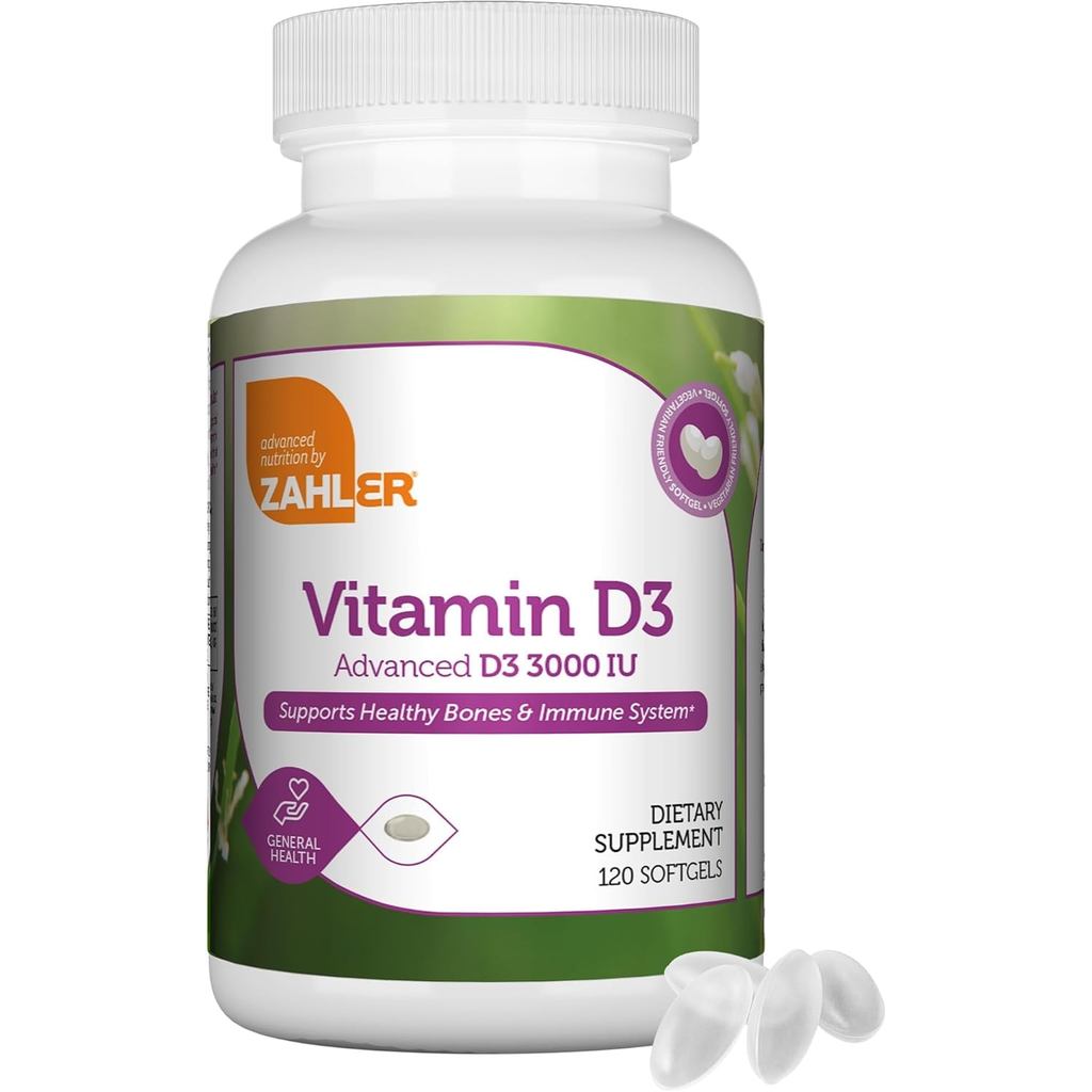 Zahler Vitamin D3 3000 IU Softgels ขนาด 120 เม็ด เหมาะสำหรับมังสวิรัติ บำรุงกระดูก ฟัน และภูมิคุ้มกั