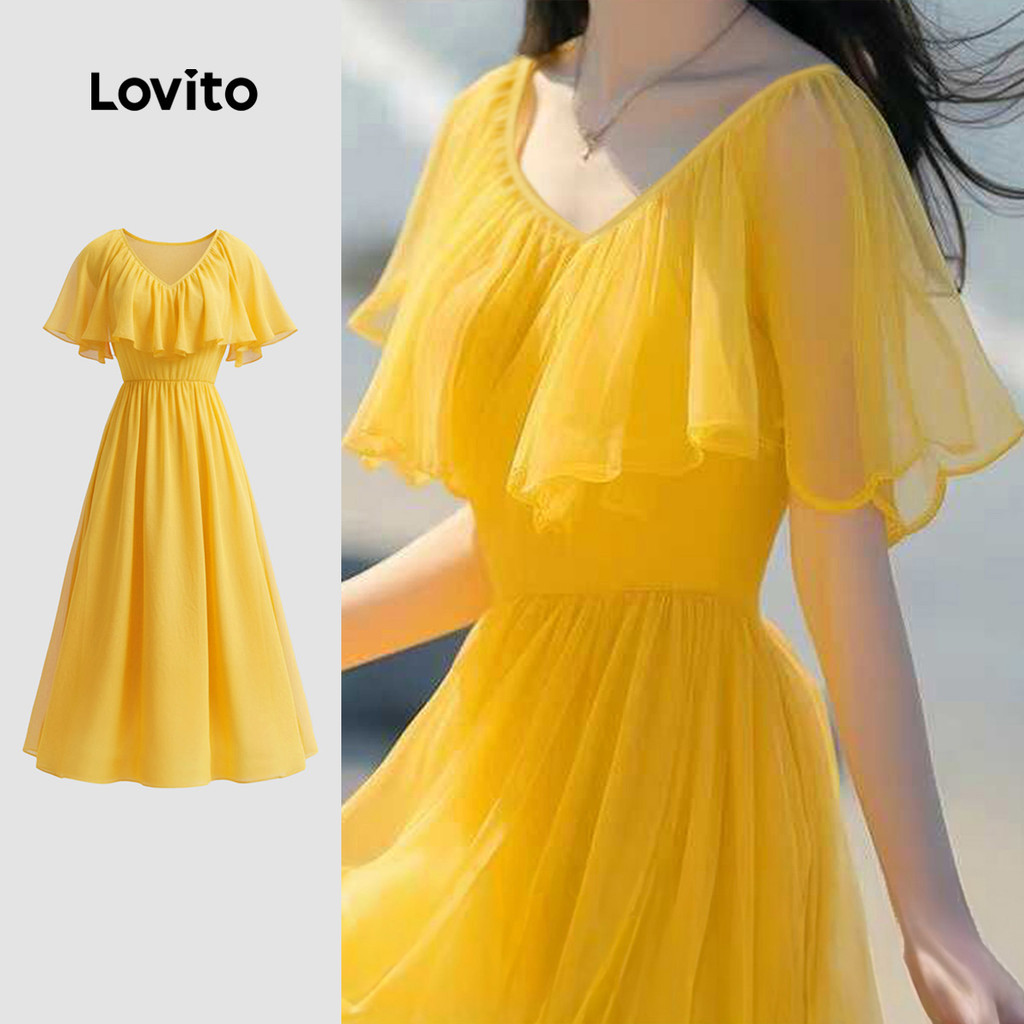 Lovito ชุดเดรสลำลองสำหรับวันสงกรานต์ เดรสทรงระบายชายกระโปรงสีเหลืองสำหรับผู้หญิง เหมาะสำหรับใส่ไปทำงานหรือไปโรงเรียนในฤดูใบไม้ผลิ/ฤดูร้อน LK3AD234 – โปรปัง
