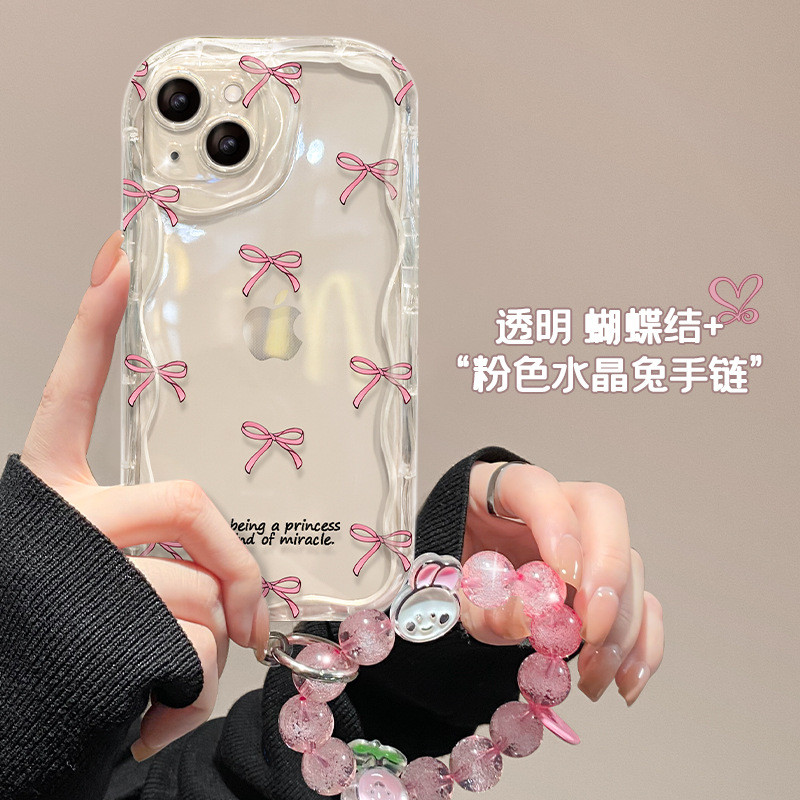 เหมาะสําหรับ Apple 15 เคสโทรศัพท์ iPone14/13proma สร้อยข้อมือโบว์สีชมพู 16/17 ซิลิโคนใส 12Readystock