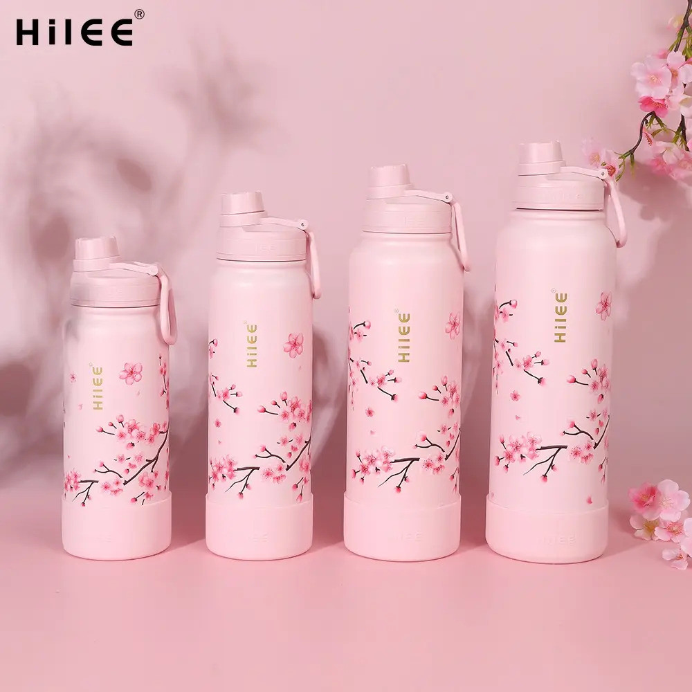 Hilee ขวดน้ำลายดอกไม้สุดหวาน  สแตนเลสเกรดการแพทย์ พาสเทลสไตล์เกาหลี พร้อมหูหิ้ว+แผ่นรองซิลิโคน  เก็บ