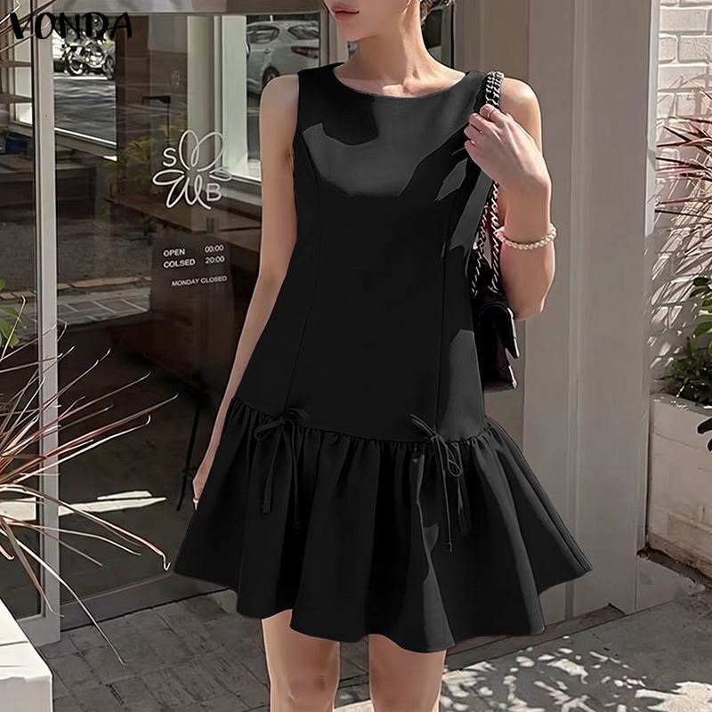 VONDA ผู้หญิงเกาหลีสไตล์ Girlish ปิดไหล่แขนกุดเอวติดตั้งสาย Ruffle Hem โบว์ทอ Slim Fit ชุดมินิ — صورة 5