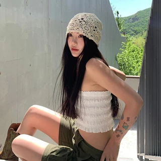 LUXE GIRL หมวกเป่าโถว หมวกถัก ดอกไม้กลวง ฤดูร้อนสไตล์บาง หวานญี่ปุ่น ทอมือ แฟชั่น ระบายอากาศ
