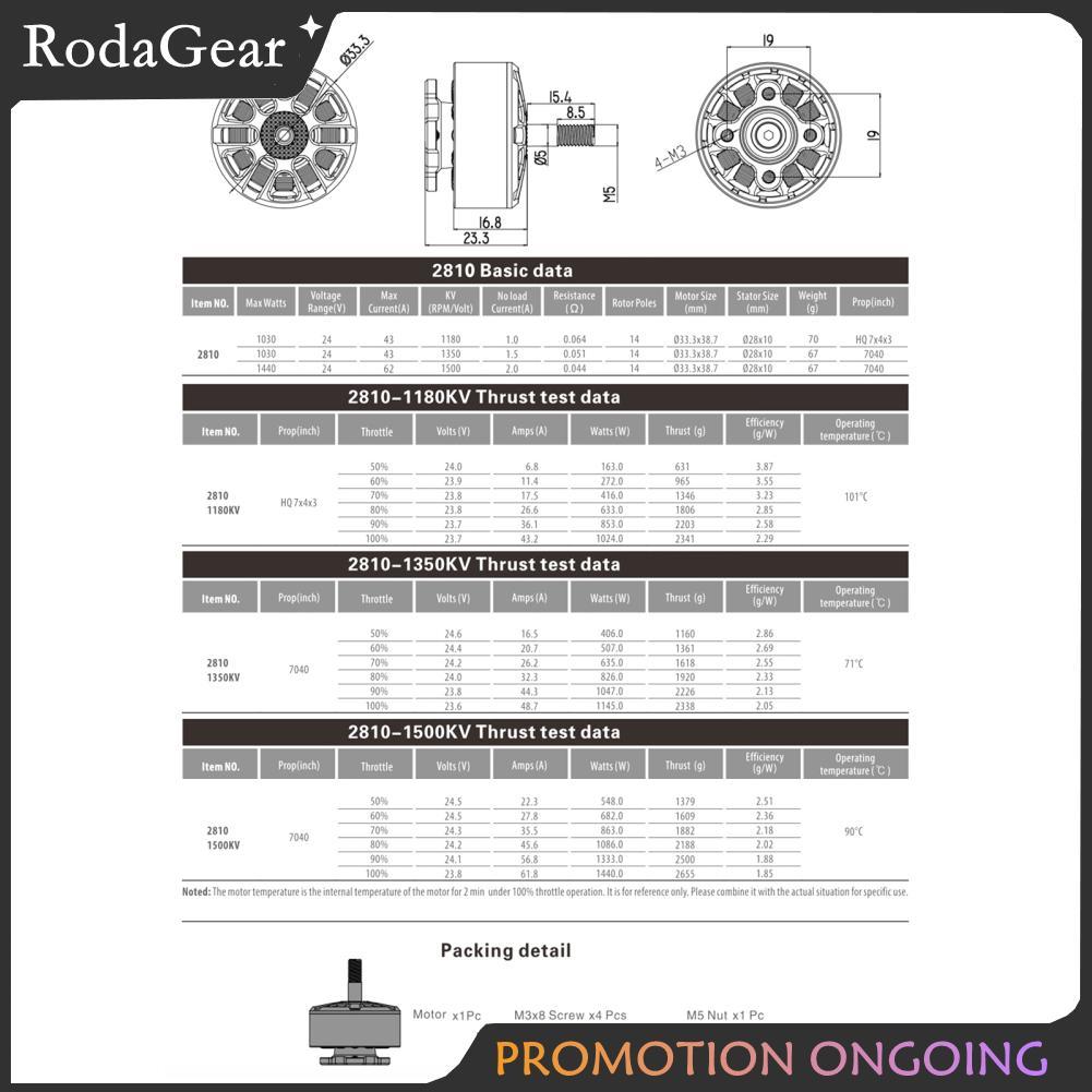 RodaGear GTSKYTENRC Tracker 2810 1500KV 4S-6S มอเตอร์ไร้แปรงสำหรับ Mark4 APEX FPV Freestyle 7 นิ้ว 8