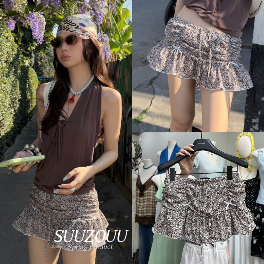 ❤ 🧵 🇰🇷 SU137 กระโปรงสั้นลายเสือดาว เอวสมอคเล็กๆมีเชือก แต่งจีบและโบว์ งานน่ารักมากๆๆๆค่า แฟชั่นเกาหลี TAG MM Fish 🧡