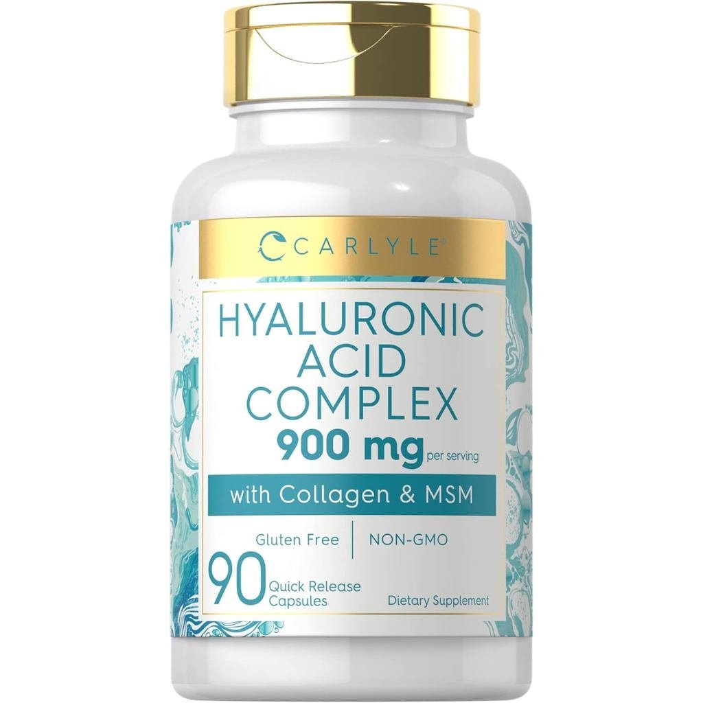 Carlyle Hyaluronic Acid Complex 900 มก | พร้อมคอลลาเจนและ MSM | 90 แคปซูล | ไม่ใช่จีเอ็มโออาหารเสริม