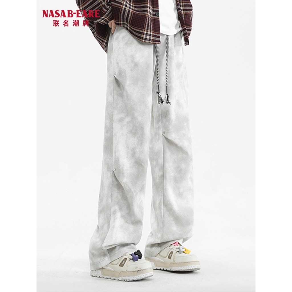 NASAB-EARE Dirty Pants Men American Summer Thin Style Sports Loose Tie-Dye Wide-Leg Straight Casual 