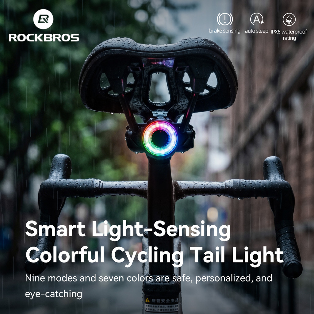 【TH Delivery】ROCKBROS จักรยานไฟท้าย IPX6 กันน้ําไฟเตือนที่มีสีสันสมาร์ทเบรค Sensing Night Cyclling MTB จักรยานเสือหมอบอุปกรณ์เสริม