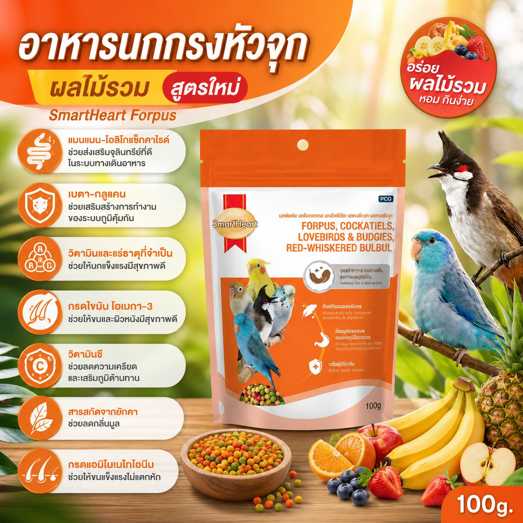 [100g.][Forpus] SmartHeart อาหารสมาร์ทฮาร์ท อาหารนกกรงหัวจุก ผลไม้รวม ขนาด 100g.