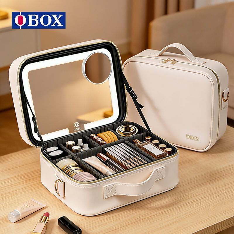 [Macaron Series] obox Cosmetic Bag Female High-value Full-screen Mirror with Light Cosmetic Case Out