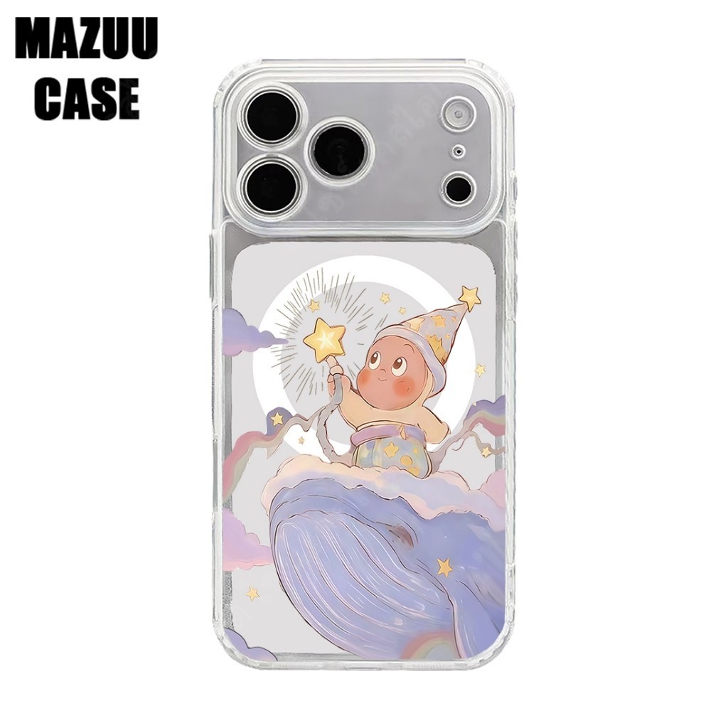 เคสไอโฟน TPU ใส แม่เหล็ก ปกป้องเลนส์กล้องเต็มรูปแบบ ลายตัวการ์ตูนแม่มดบนลายวาฬสีฟ้า สำหรับ iPhone 17 16 15 14 13 12 11 P